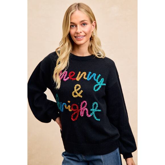 BiBi Black Holiday Christmas Tinsel Lettering Christmas Sweater NEW Large - Picture 5 of 8